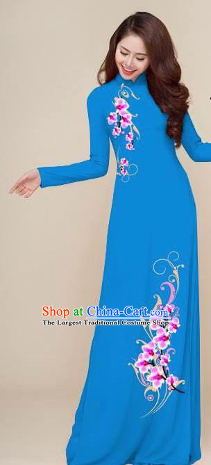 Asian Vietnam Traditional Printing Plum Blue Dress Vietnamese National Classical Ao Dai Cheongsam for Women
