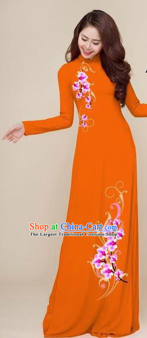 Asian Vietnam Traditional Printing Plum Orange Dress Vietnamese National Classical Ao Dai Cheongsam for Women