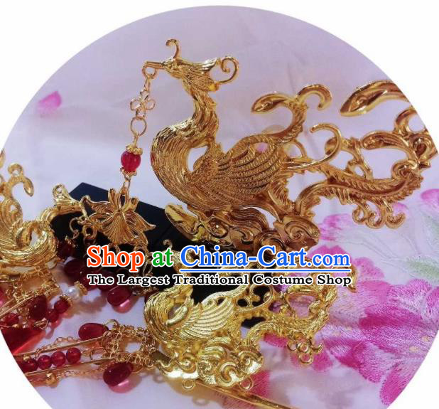Chinese Ancient Palace Princess Golden Phoenix Tassel Hairpins Traditional Hanfu Hair Accessories for Women