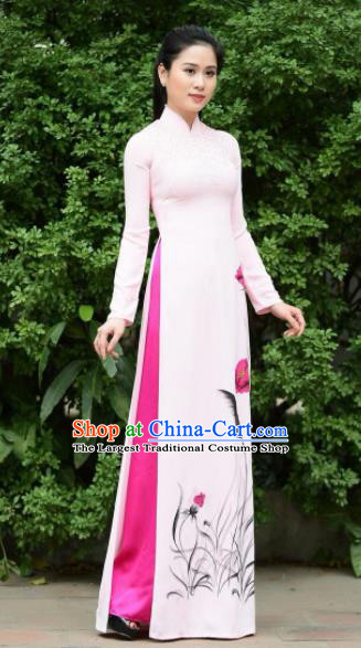 Asian Vietnam Traditional Bride Printing Light Pink Dress Vietnamese National Classical Ao Dai Cheongsam for Women