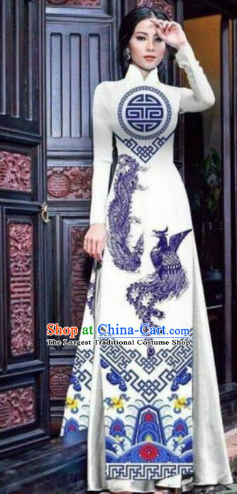Asian Vietnam Traditional Bride Printing Phoenix Dress Vietnamese National Classical Ao Dai Cheongsam for Women