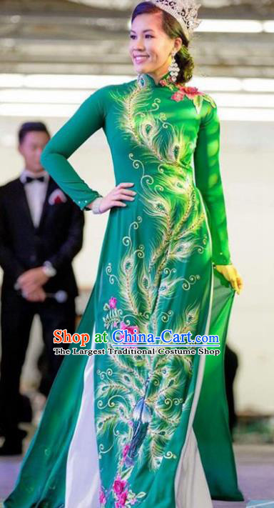 Asian Vietnam Traditional Printing Green Silk Dress Bride Costume Vietnamese National Classical Ao Dai Cheongsam for Women