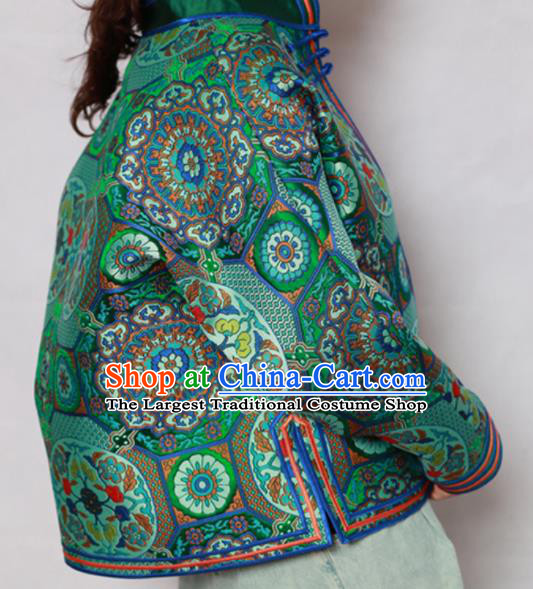 Traditional Chinese Mongol Ethnic Green Cotton Wadded Jacket Mongolian Minority Folk Dance Costume for Women