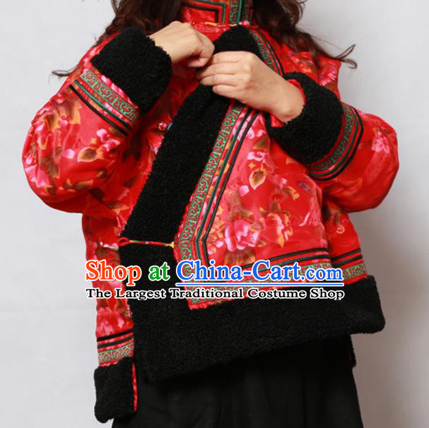 Traditional Chinese Mongol Ethnic Red Cotton Wadded Jacket Mongolian Minority Folk Dance Costume for Women