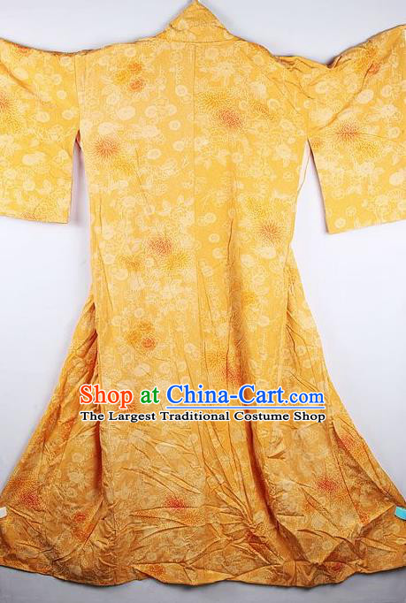 Japanese Traditional Geisha Printing Chrysanthemum Yellow Furisode Kimono Asian Japan National Yukata Dress Costume for Women