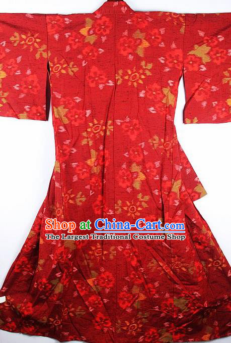 Japanese Traditional Printing Red Furisode Kimono Asian Japan National Yukata Dress Costume for Women