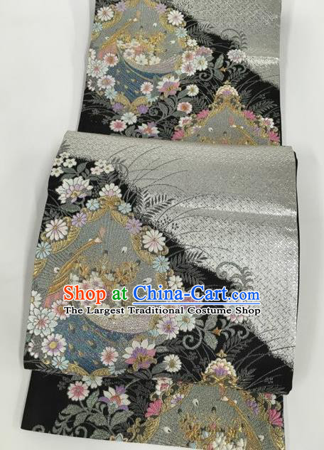 Japanese Kimono Classical Orchid Pattern Black Brocade Belt Asian Japan Traditional National Yukata Waistband for Women