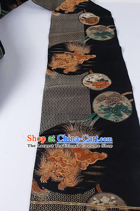 Japanese Ceremony Kimono Classical Lion Pattern Design Black Brocade Belt Asian Japan Traditional Yukata Waistband for Women