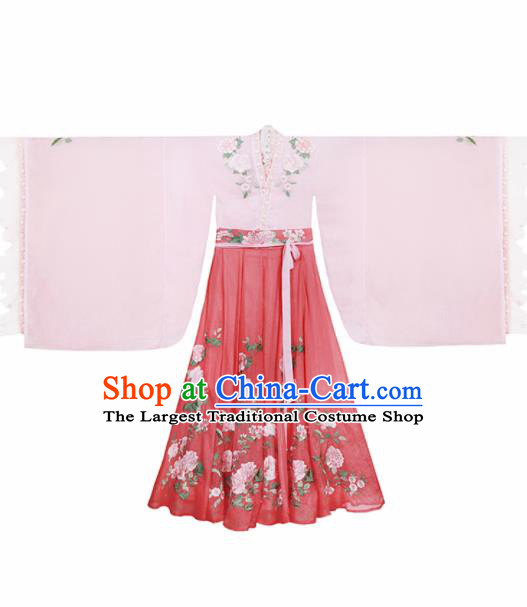 Ancient Chinese Legend Goddess Peony Pink Hanfu Dress Traditional Jin Dynasty Imperial Consort Embroidered Replica Costume for Women