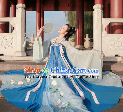 Ancient Chinese Court Princess Blue Hanfu Dress Traditional Tang Dynasty Embroidered Replica Costume for Women