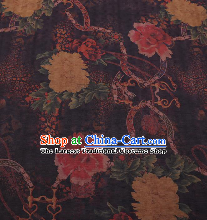 Traditional Chinese Classical Peony Pattern Design Brown Gambiered Guangdong Gauze Asian Brocade Silk Fabric