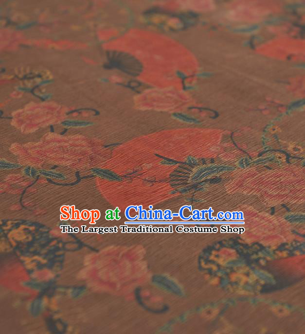 Chinese Traditional Classical Peony Fan Pattern Design Khaki Gambiered Guangdong Gauze Asian Brocade Silk Fabric