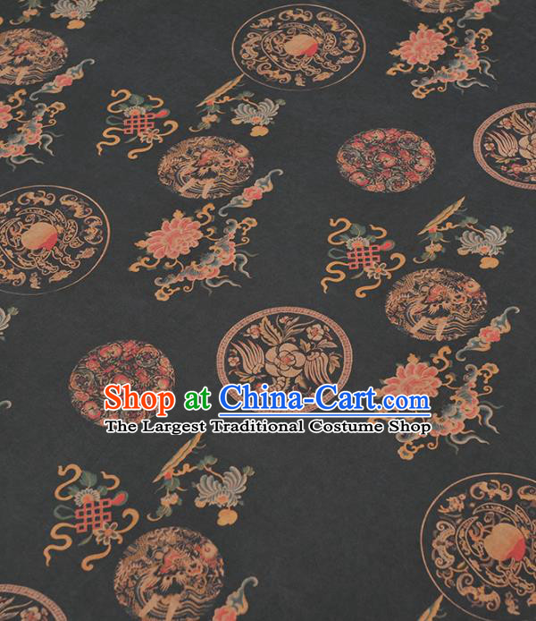 Chinese Traditional Phoenix Peony Pattern Design Black Gambiered Guangdong Gauze Asian Brocade Silk Fabric
