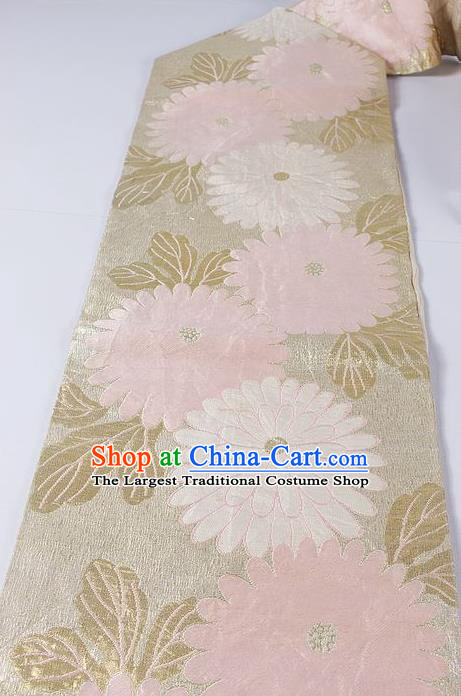 Asian Japanese Classical Chrysanthemum Pattern Beige Brocade Waistband Kimono Accessories Traditional Yukata Belt for Women