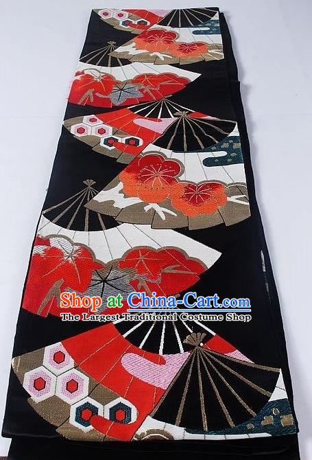 Asian Japanese Yukata Accessories Classical Fan Pattern Black Brocade Belt Japan Traditional Kimono Waistband for Women