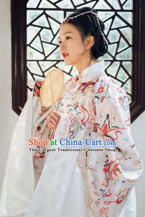 Chinese Ancient Ming Dynasty Court Queen White Hanfu Dress Traditional Empress Embroidered Replica Costume for Women