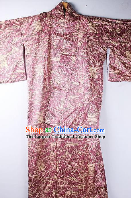Asian Japanese National Iromuji Printing Wine Red Furisode Kimono Ceremony Costume Traditional Japan Yukata Dress for Women