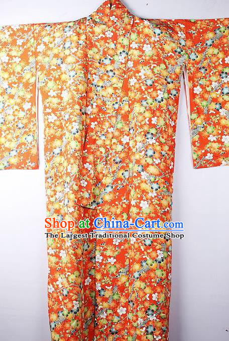 Asian Japanese National Printing Sakura Orange Furisode Kimono Ceremony Costume Traditional Japan Yukata Dress for Women