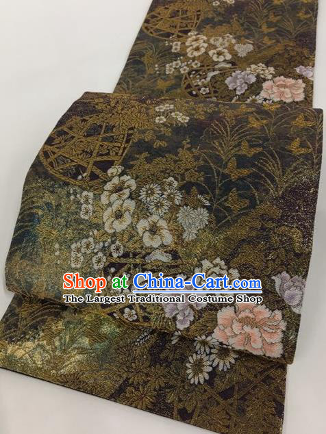 Japanese Traditional Classical Peony Pattern Brown Waistband Kimono Brocade Accessories Asian Japan Yukata Belt for Women
