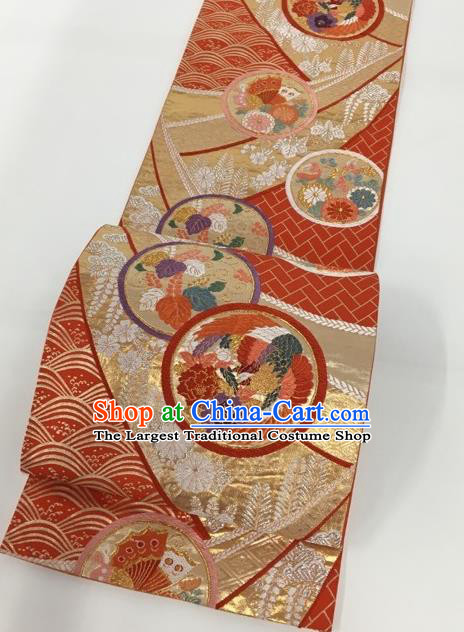 Japanese Traditional Classical Peony Pattern Red Waistband Kimono Brocade Accessories Asian Japan Yukata Belt for Women
