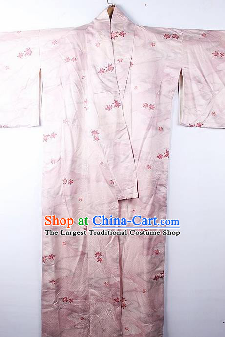 Asian Japanese Palace Classical Maple Leaf Pattern Pink Furisode Kimono Traditional Japan Yukata Dress for Women