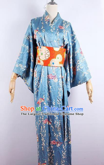 Asian Japanese Ceremony Printing Primrose Blue Kimono Dress Traditional Japan Yukata Costume for Women