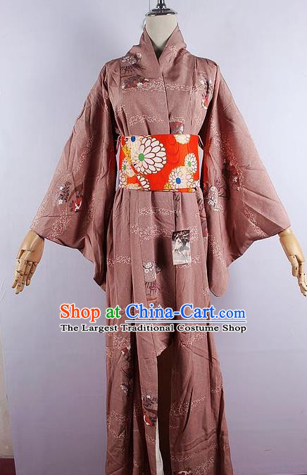 Japanese Ceremony Costume Printing Brown Silk Kimono Dress Traditional Asian Japan Yukata for Women