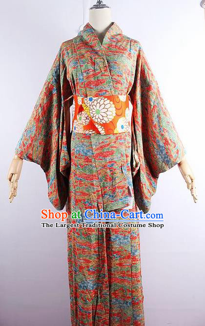 Japanese Ceremony Costume Printing Silk Kimono Dress Traditional Asian Japan Yukata for Women