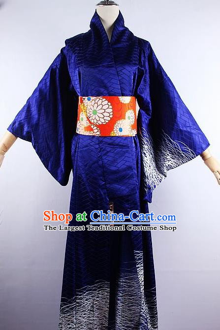 Japanese Ceremony Costume Printing Royalblue Silk Kimono Dress Traditional Asian Japan Yukata for Women