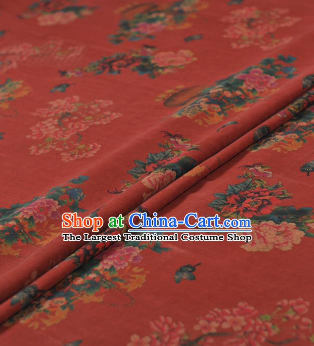 Chinese Traditional Classical Peony Flowers Pattern Design Red Gambiered Guangdong Gauze Asian Brocade Silk Fabric
