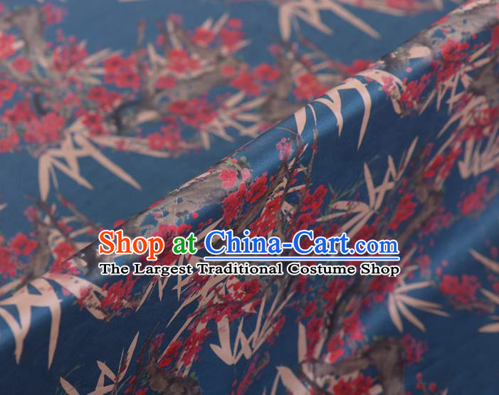 Chinese Classical Bamboo Plum Blossom Pattern Design Blue Gambiered Guangdong Gauze Traditional Asian Brocade Silk Fabric