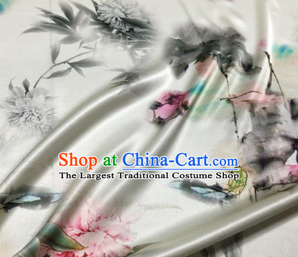 Asian Chinese Classical Ink Painting Peony Pattern White Brocade Satin Drapery Traditional Cheongsam Brocade Silk Fabric