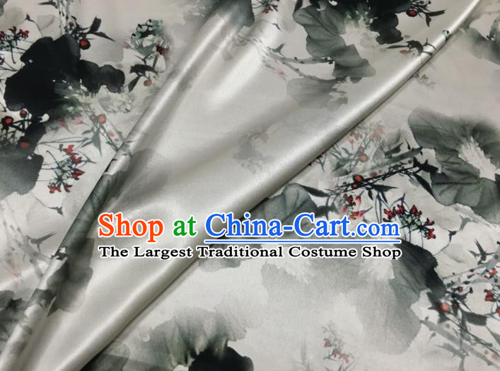 Asian Chinese Classical Ink Painting Lotus Pattern White Brocade Satin Drapery Traditional Cheongsam Brocade Silk Fabric