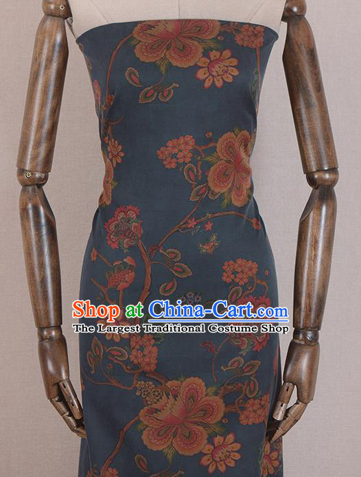 Asian Chinese Classical Peach Blossom Pattern Blue Gambiered Guangdong Gauze Traditional Cheongsam Brocade Silk Fabric