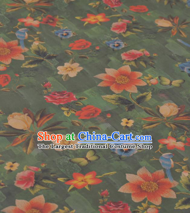 Asian Chinese Classical Flowers Butterfly Pattern Green Gambiered Guangdong Gauze Traditional Cheongsam Brocade Silk Fabric