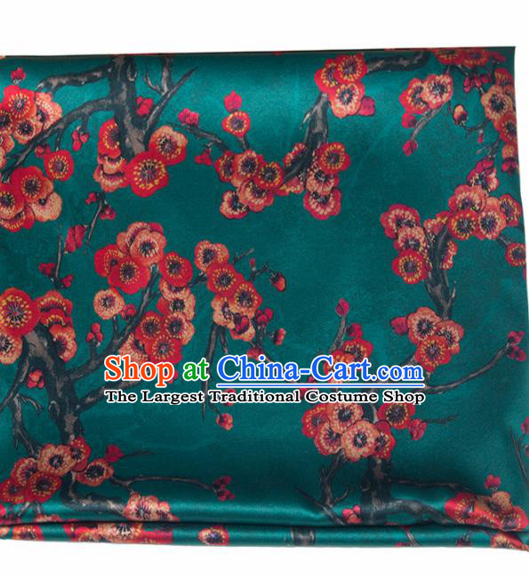 Asian Chinese Classical Plum Pattern Deep Green Brocade Satin Drapery Traditional Cheongsam Brocade Silk Fabric