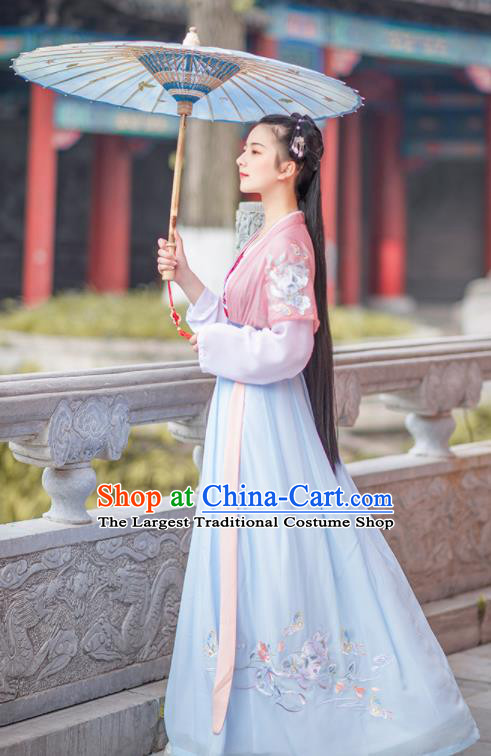 Chinese Ancient Young Lady Embroidered Hanfu Dress Antique Traditional Song Dynasty Historical Costume for Women