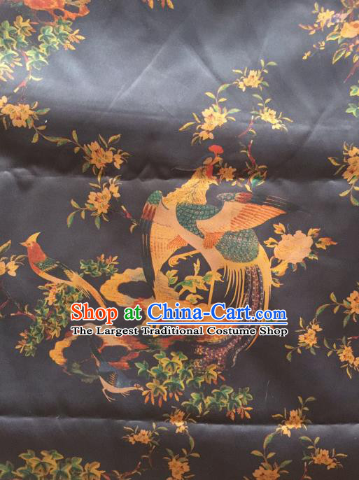 Asian Chinese Classical Phoenix Pattern Black Satin Drapery Gambiered Guangdong Gauze Brocade Traditional Cheongsam Brocade Silk Fabric