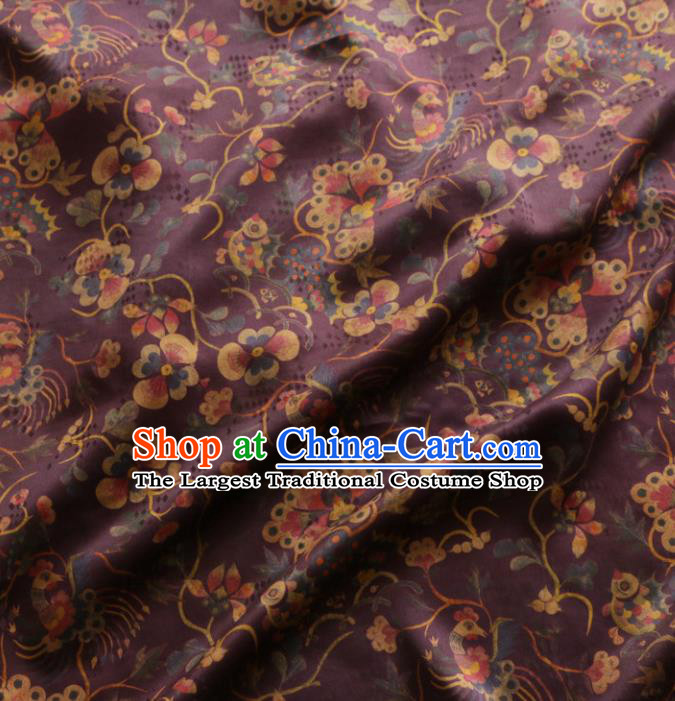 Asian Chinese Classical Phoenix Flowers Pattern Purple Gambiered Guangdong Gauze Satin Drapery Brocade Traditional Cheongsam Brocade Silk Fabric