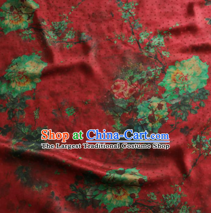 Asian Chinese Classical Peony Plum Pattern Red Gambiered Guangdong Gauze Satin Drapery Brocade Traditional Cheongsam Brocade Silk Fabric