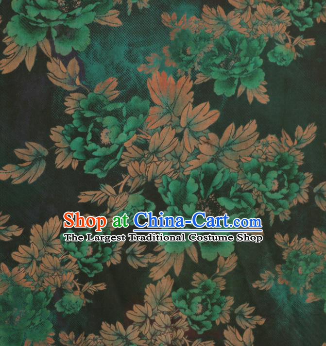 Asian Chinese Classical Green Peony Pattern Navy Gambiered Guangdong Gauze Satin Drapery Brocade Traditional Cheongsam Brocade Silk Fabric