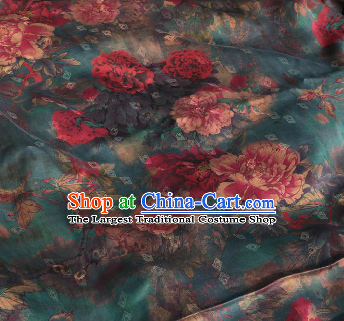 Asian Chinese Classical Peony Pattern Blue Gambiered Guangdong Gauze Satin Drapery Brocade Traditional Cheongsam Brocade Silk Fabric