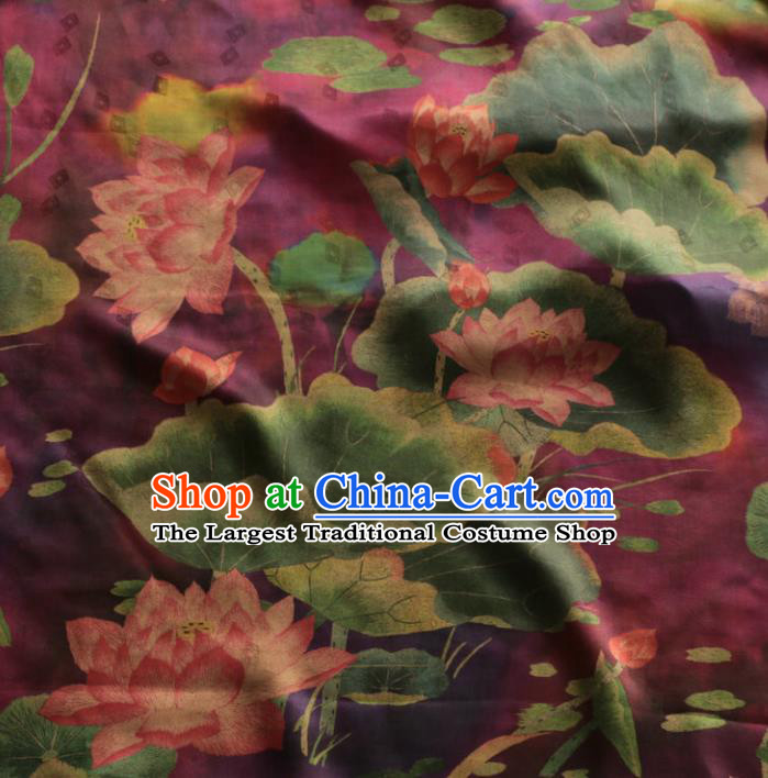 Asian Chinese Classical Lotus Pattern Purple Gambiered Guangdong Gauze Satin Drapery Brocade Traditional Cheongsam Brocade Silk Fabric