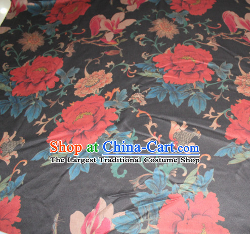 Chinese Traditional Cheongsam Classical Red Peony Pattern Black Gambiered Guangdong Gauze Asian Satin Drapery Brocade Silk Fabric