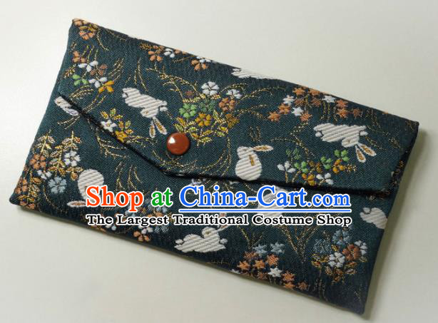 Japanese Traditional Classical Orchid Rabbits Pattern Atrovirens Brocade Handbag Asian Japan Nishijin Satin Bags Wallet