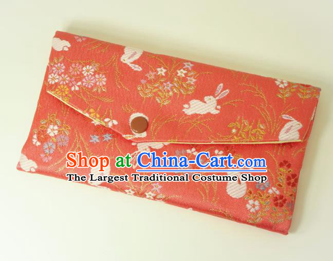 Japanese Traditional Classical Orchid Rabbits Pattern Watermelon Red Brocade Handbag Asian Japan Nishijin Satin Bags Wallet