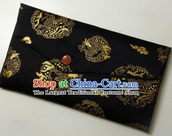Japanese Traditional Classical Dragons Pattern Black Brocade Handbag Asian Japan Nishijin Satin Bags Wallet