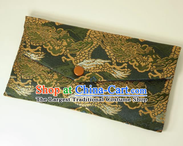 Japanese Traditional Classical Cloud Dragon Pattern Olive Green Brocade Handbag Asian Japan Nishijin Satin Bags Wallet