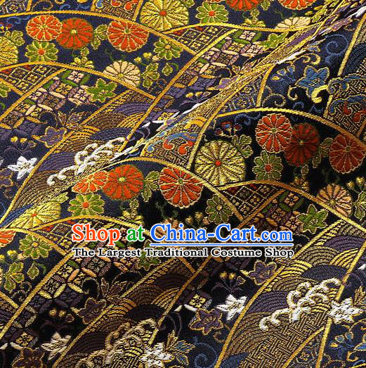 Japanese Traditional Kimono Classical Daisy Pattern Navy Brocade Damask Asian Japan Satin Drapery Silk Fabric