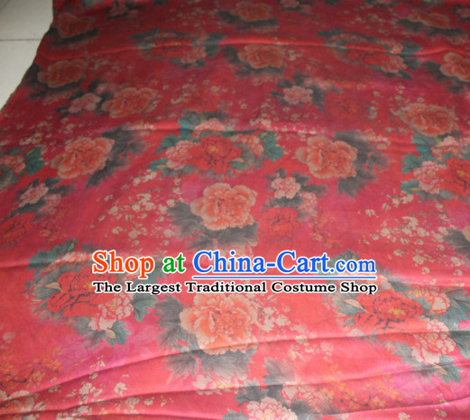 Chinese Traditional Cheongsam Classical Peony Pattern Red Gambiered Guangdong Gauze Asian Satin Drapery Brocade Silk Fabric
